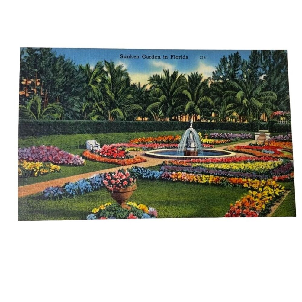 Vintage Linen Postcard Sunken Garden Miami Florida  Firestone Estate u